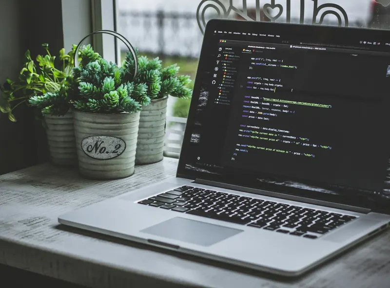 Laptop mit Programmcode neben Pflanzen