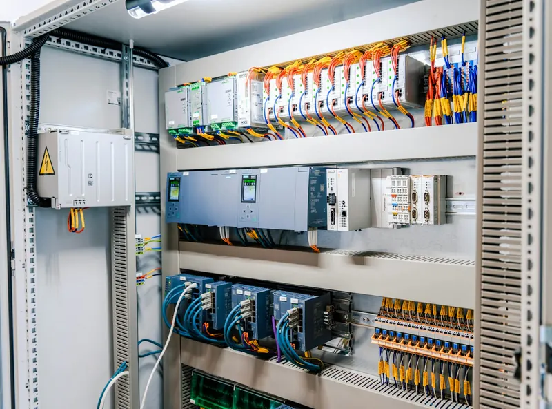 Schaltschrank mit Hutschienenmodulen und Verdrahtung
